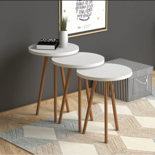 Image de MDF, Beech Wood and Melamine Side tables set - Beige and White