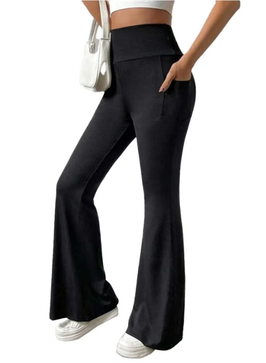 Image de Ribbed Knit Wide Leg Pants - High Waist Flare Leggings With Pocket - Rib Knit Yoga Pants