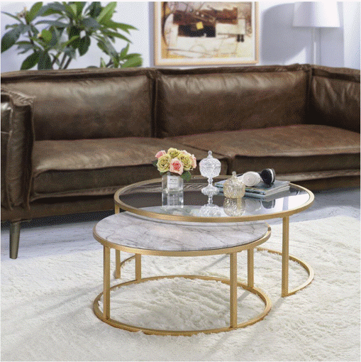 Image de Glass and Marble and Steel Coffee Tables set 2 Pieces - Gold