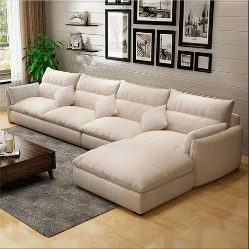 Image de Natural Wood and Linen L-Shape Sofa - Beige