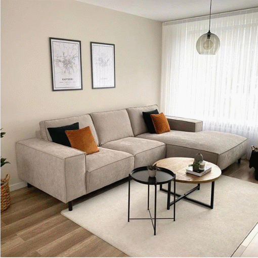 Image de Beech Wood And Velvet Fabric L-Shape Sofa, 170X300X85X70 Cm - Beige