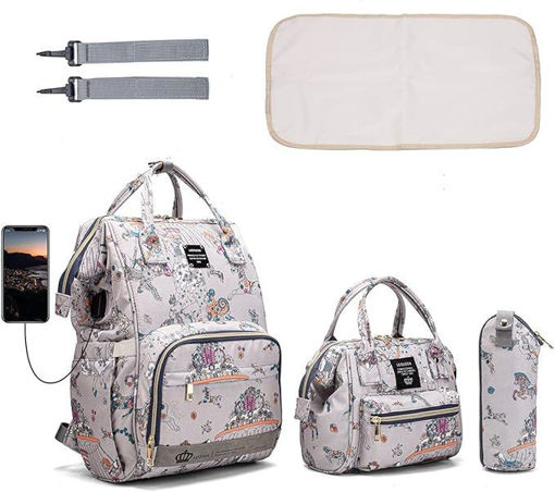 Image de LEQUEEN 3in1 USB Baby Diaper Backpack with Changing Pad Hook - Grey